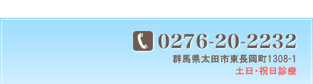 0276-20-2232　群馬県太田市東長岡町1308-1　土日・祝日診療